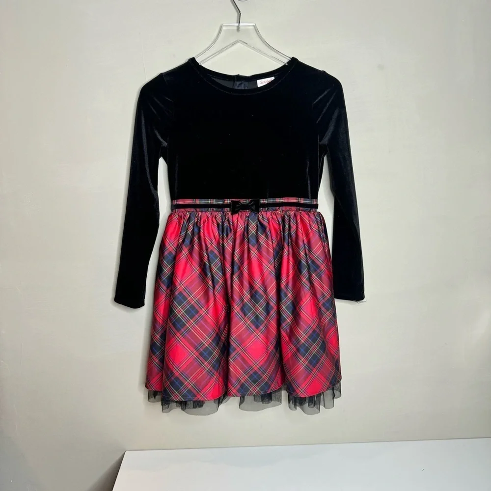 Cat & Jack Red/Black Girls Velour Buffalo Check Long Sleeve Dress